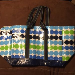 Blue and green polka dot tote